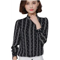 Spring Fall Going out Casual Women's Tops Fashion Striped Print Shirt Collar Long Sleeve Slim Chiffon Blouse