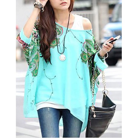 Women's Slack Neck Batwing Sleeve Printed Loose-Fitting Blouse